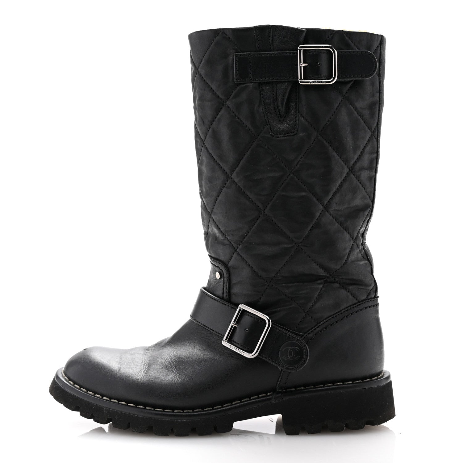 Chanel Calfskin Quilted Buckle Biker Boots 36 Black 1 of 9