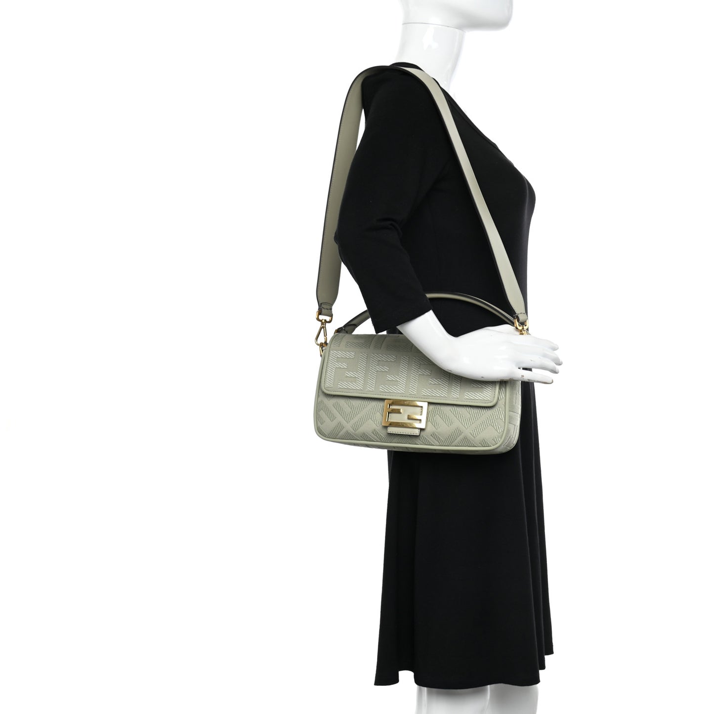 Canvas Vitello King FF Embroidered Baguette Green Tea