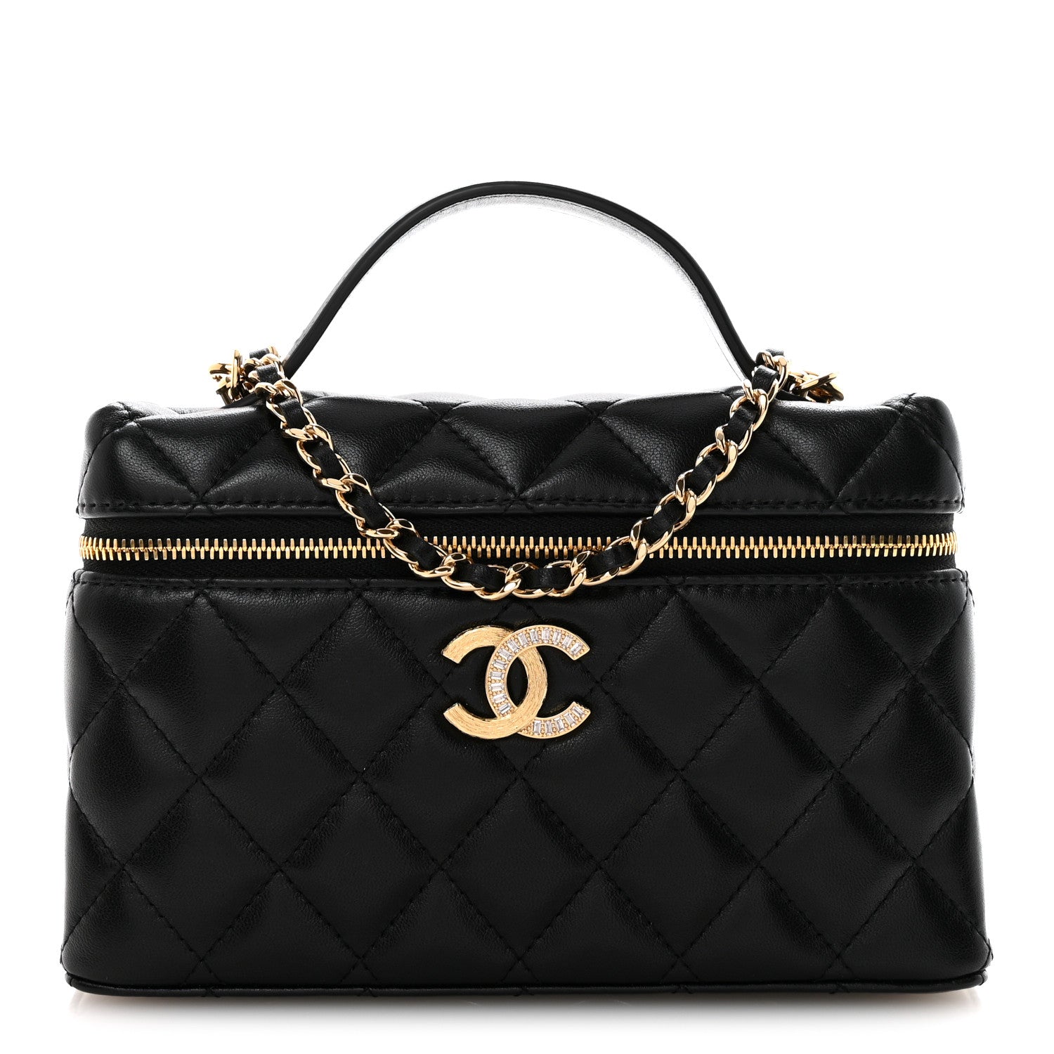 Chanel Lambskin Quilted Crystal Ridged CC Top Handle Slim Vanity
