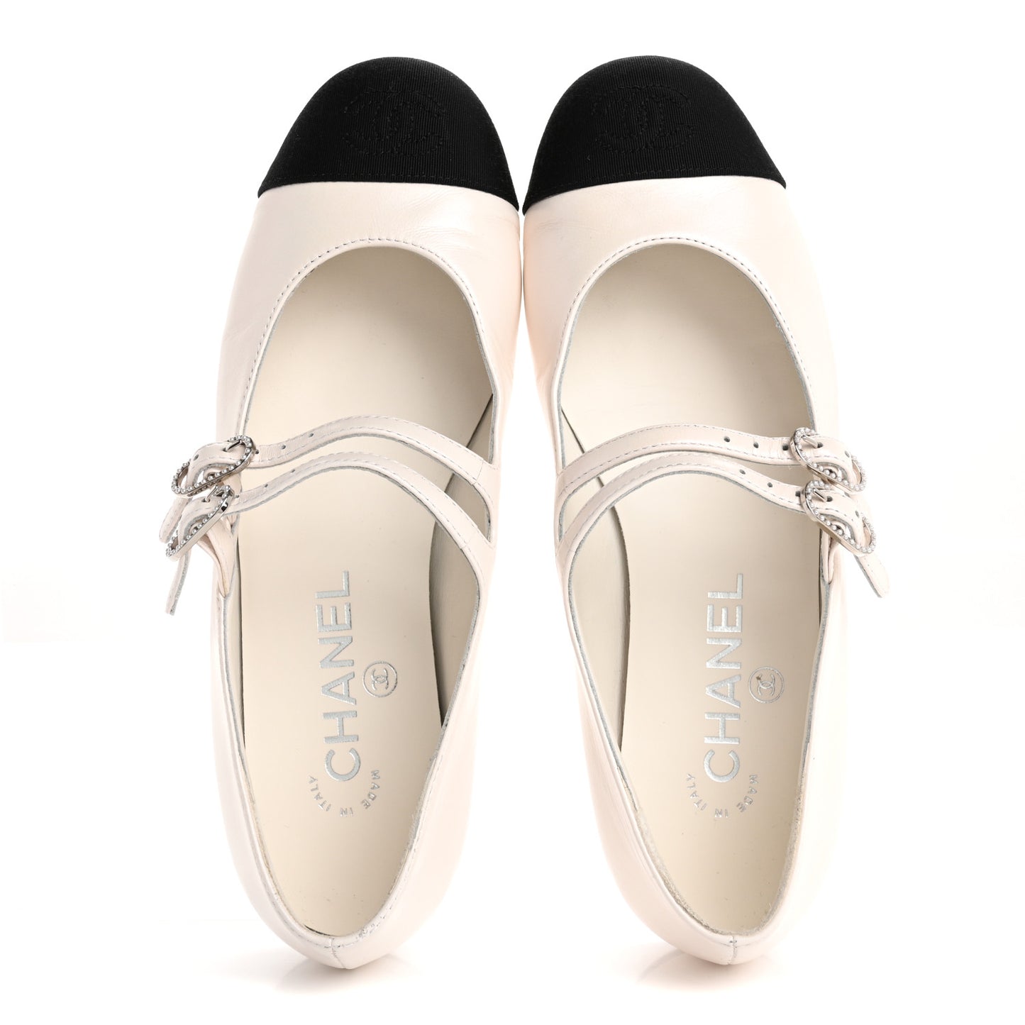Lambskin Grosgrain Pearl Mary Jane Flats 36 White Black