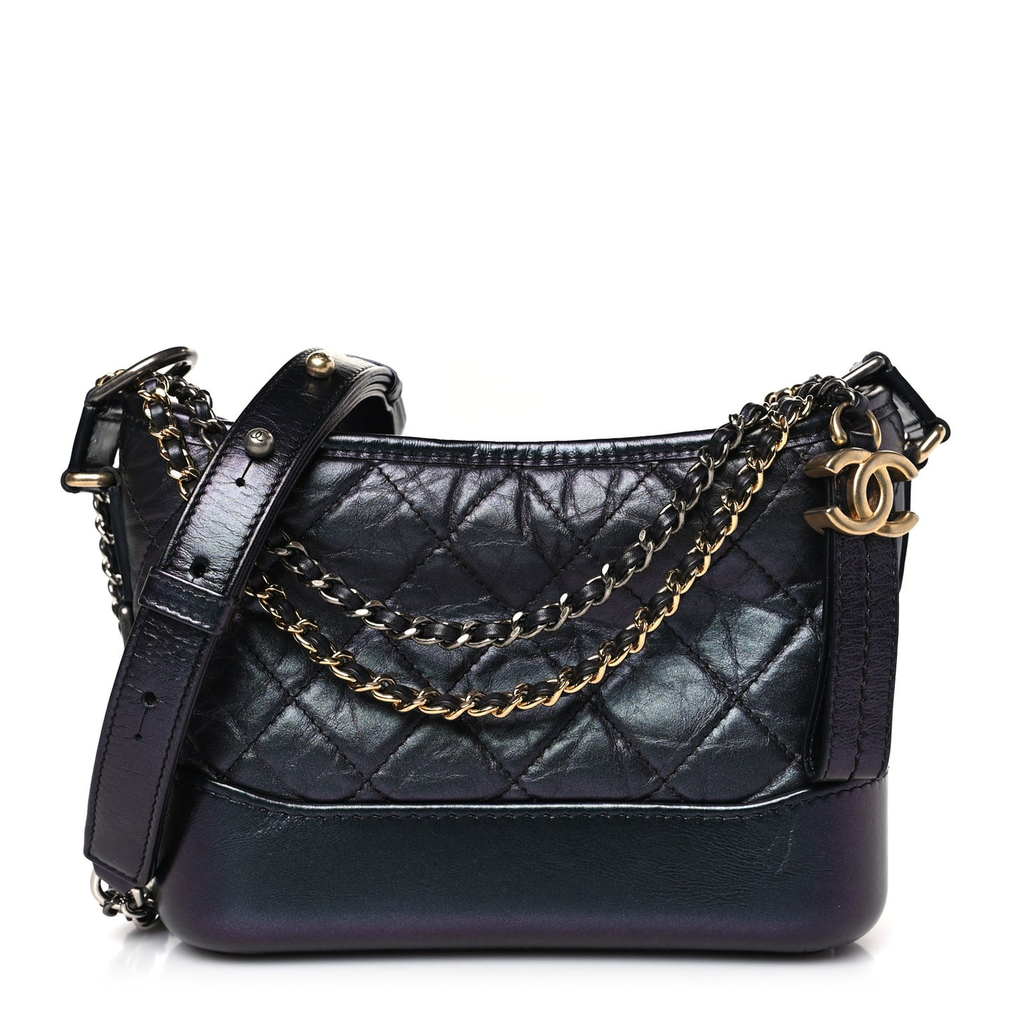 Iridescent Aged Calfskin Quilted Small Gabrielle Hobo Black