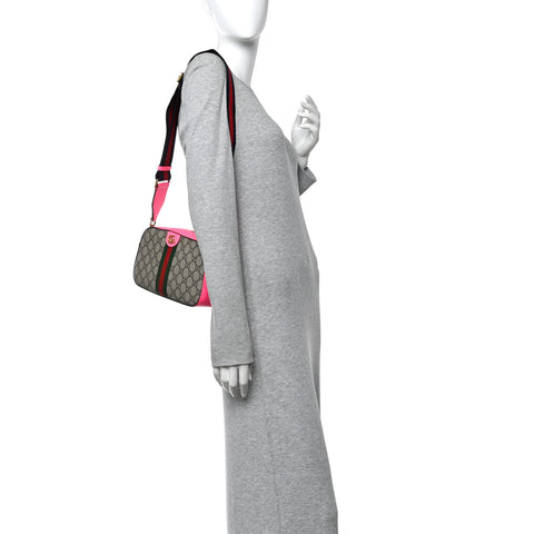 GG Supreme Monogram Textured Dollar Calfskin Web Ophidia Small Crossbody Bag Beige Ebony Fuchsia