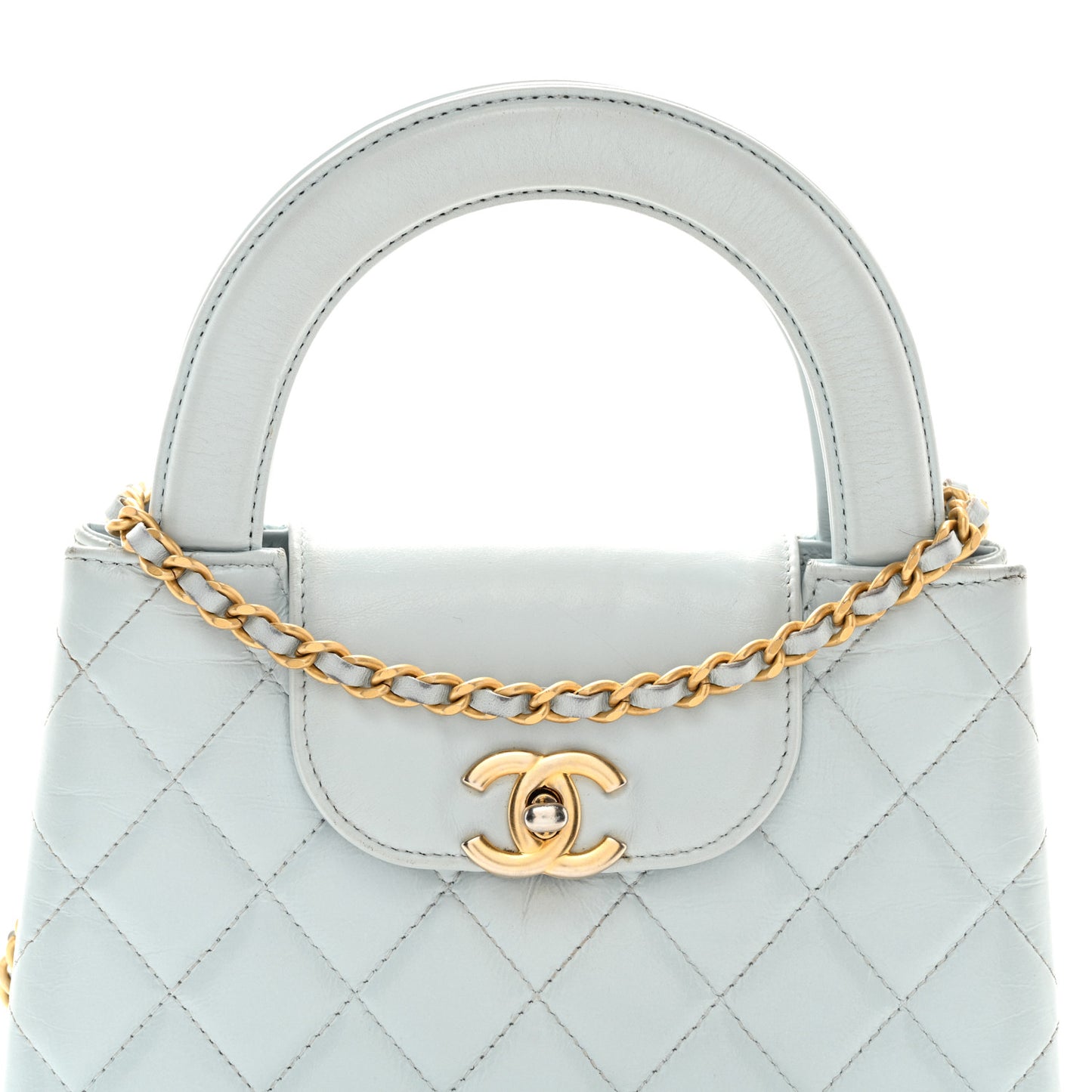 Shiny Aged Calfskin Quilted Nano Kelly Shopper Light Blue