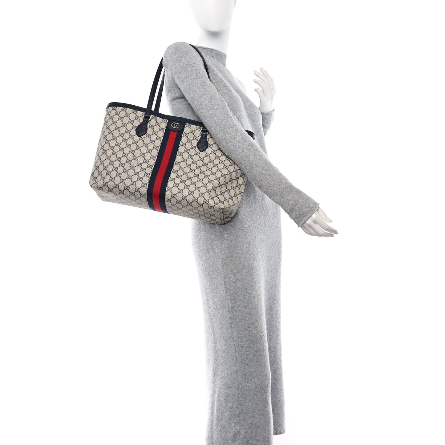 GG Supreme Monogram Textured Calfskin Web Medium Ophidia Shopping Tote Beige Blue