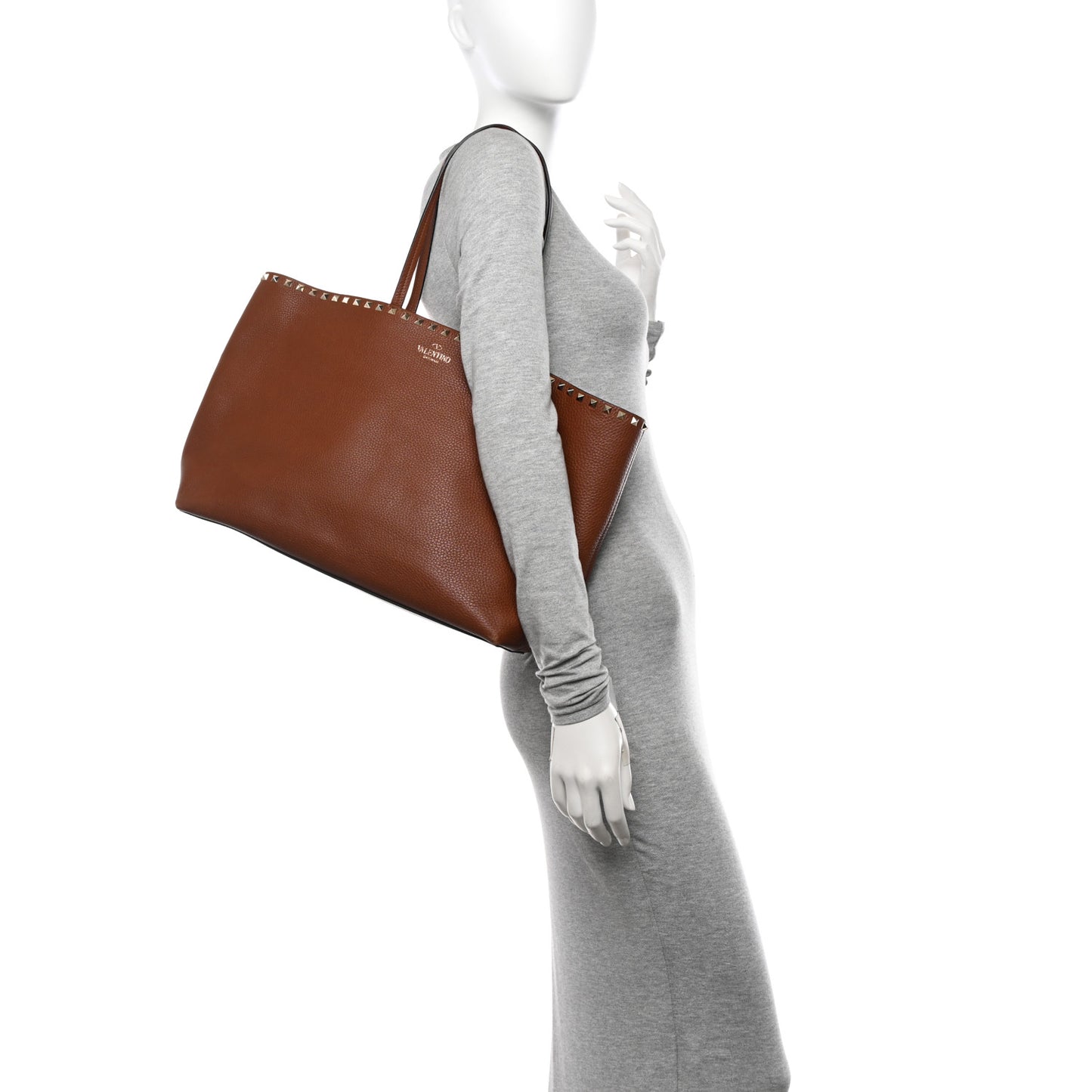 Grained Calfskin Rockstud Shoulder Tote Bright Cognac