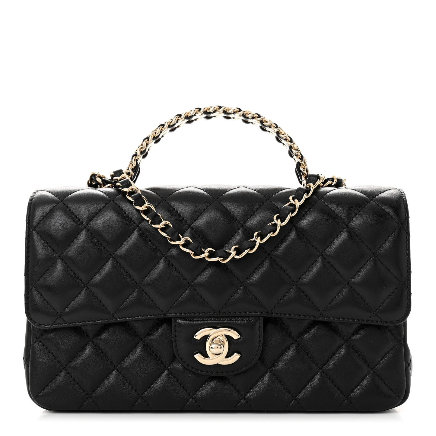 Lambskin Quilted Crystal Top Handle Small Rectangular Flap Black
