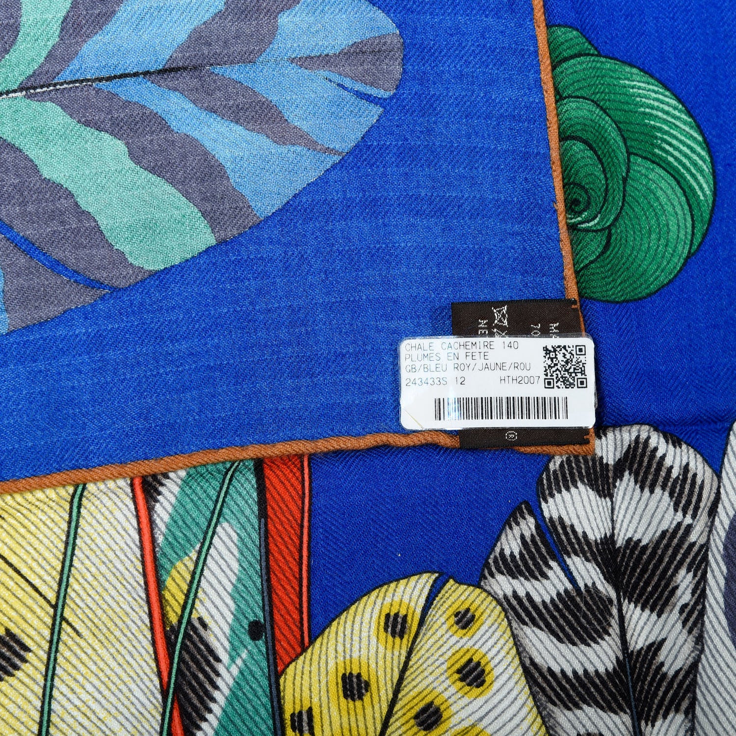 Hermes Cashmere Silk Plumes En Fete Shawl 140 Bleu Roy Jaune Rouge 5 of 6