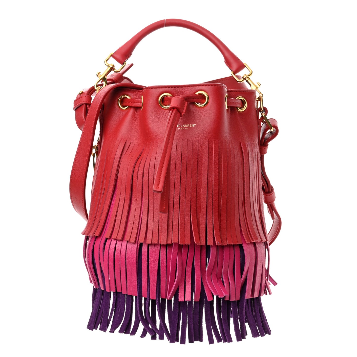 Calfskin Tri-Color Small Emmanuelle Fringe Bucket Bag Red Bubblegum Purple