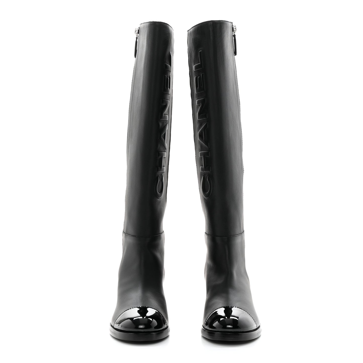 Calfskin Patent Cap Toe Quilted Logo Knee High Boots 38.5 Black
