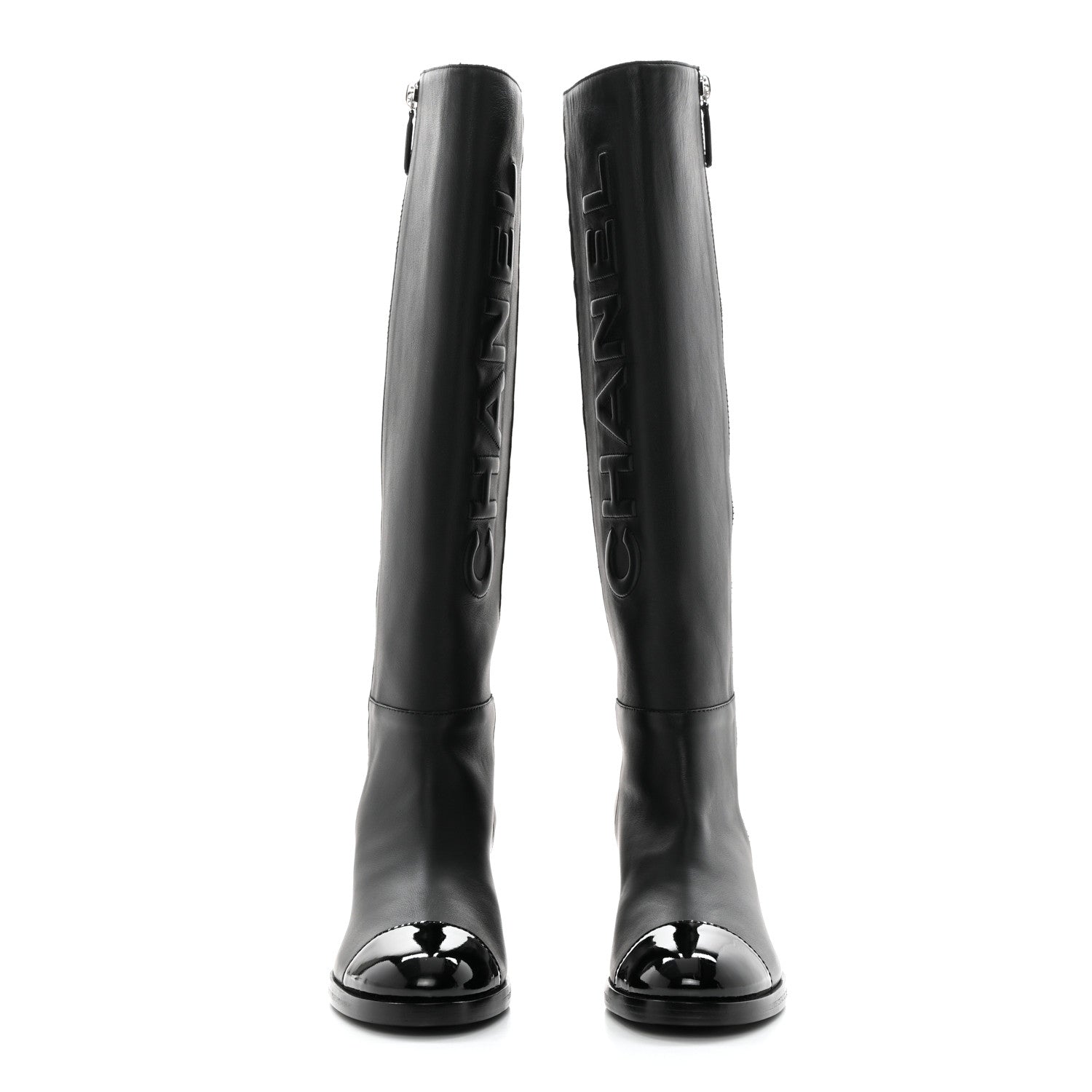 Chanel Calfskin Patent Cap Toe Quilted Logo Knee High Boots 38.5 Black 2 of 9
