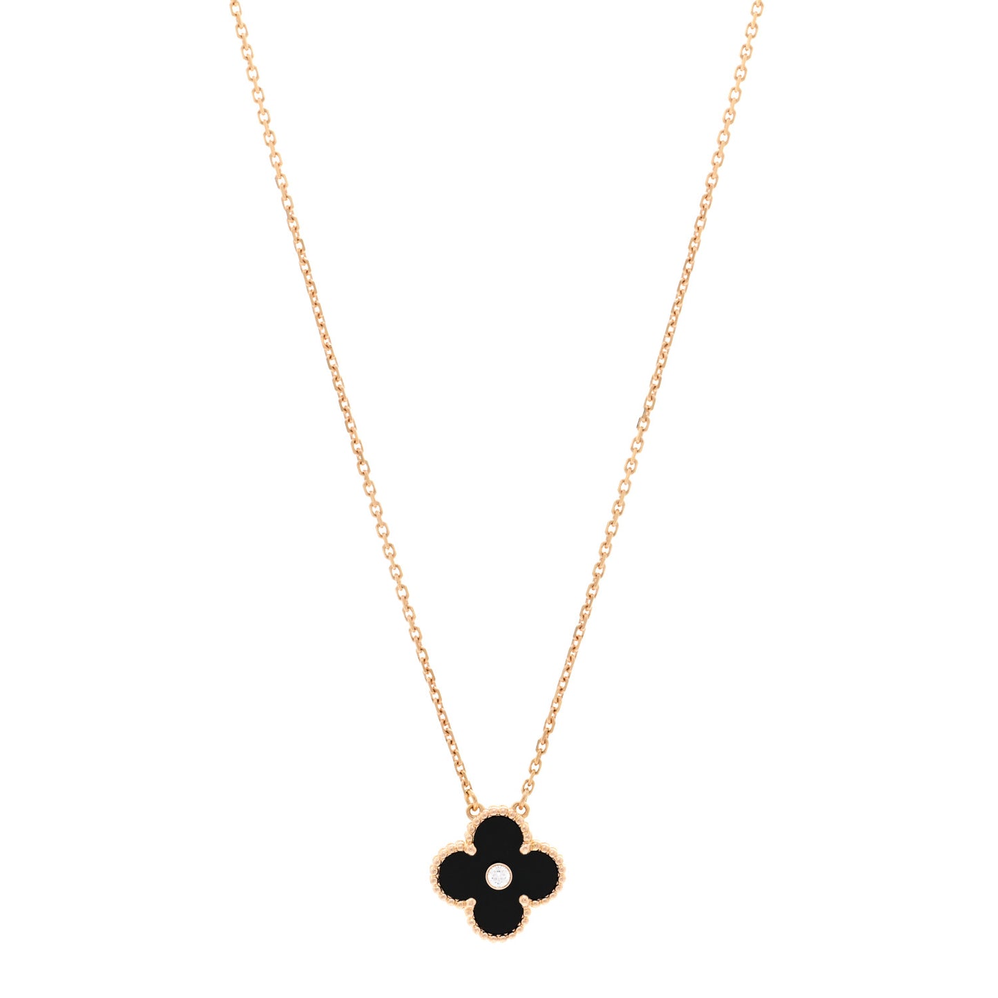 18K Rose Gold Diamond Black Onyx Vintage Alhambra Pendant Necklace