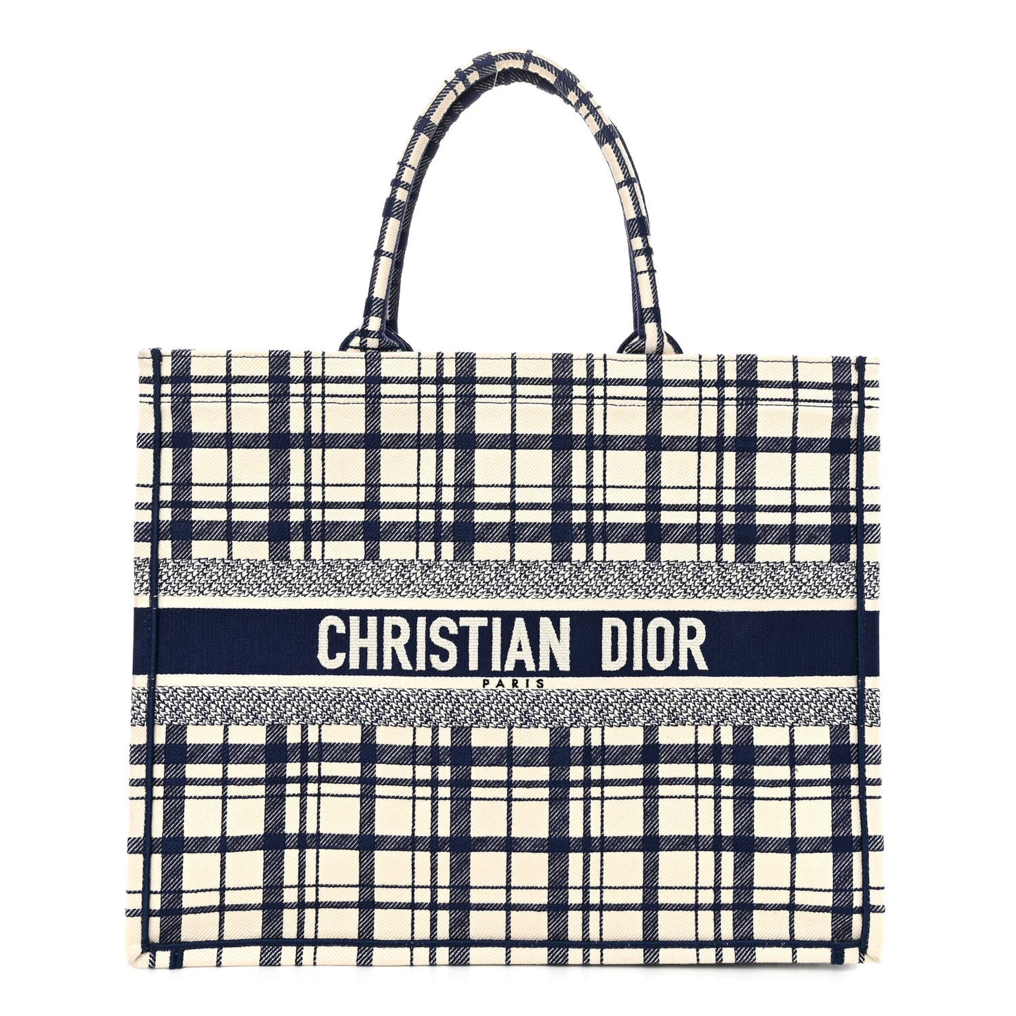 Canvas Embroidered Large Plaid Book Tote Navy