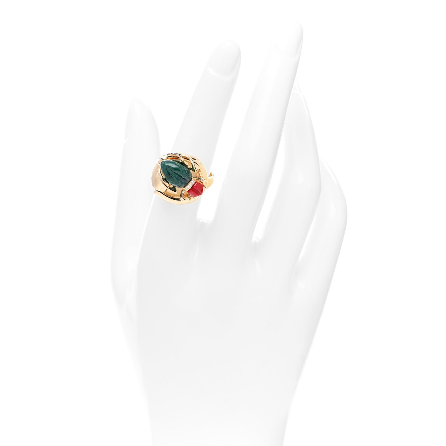 8K Yellow Gold Diamond Malachite Coral Flora Scarab Ring 53 6.25