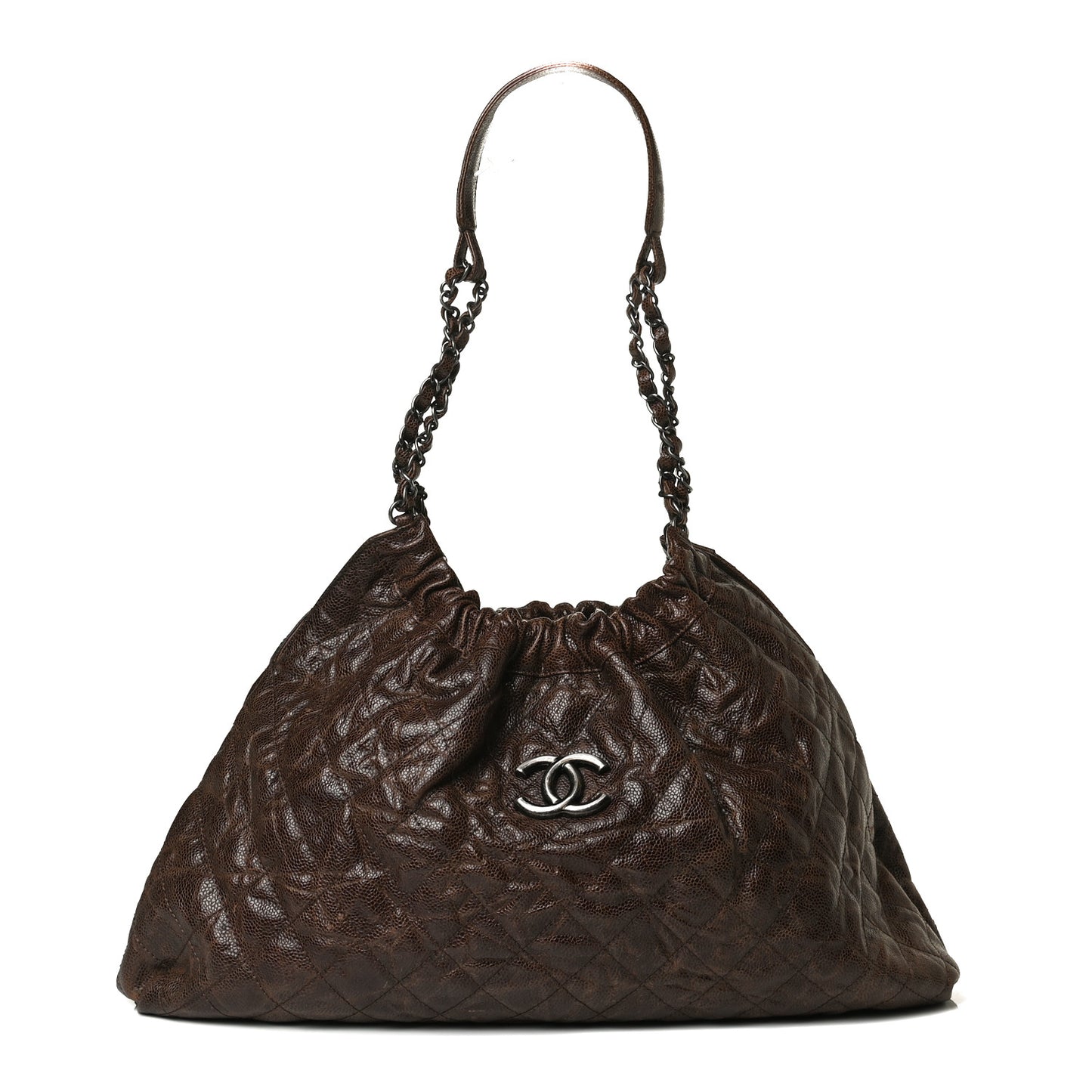 Distressed Glazed Caviar Quilted Medium Elastic Tote Brown