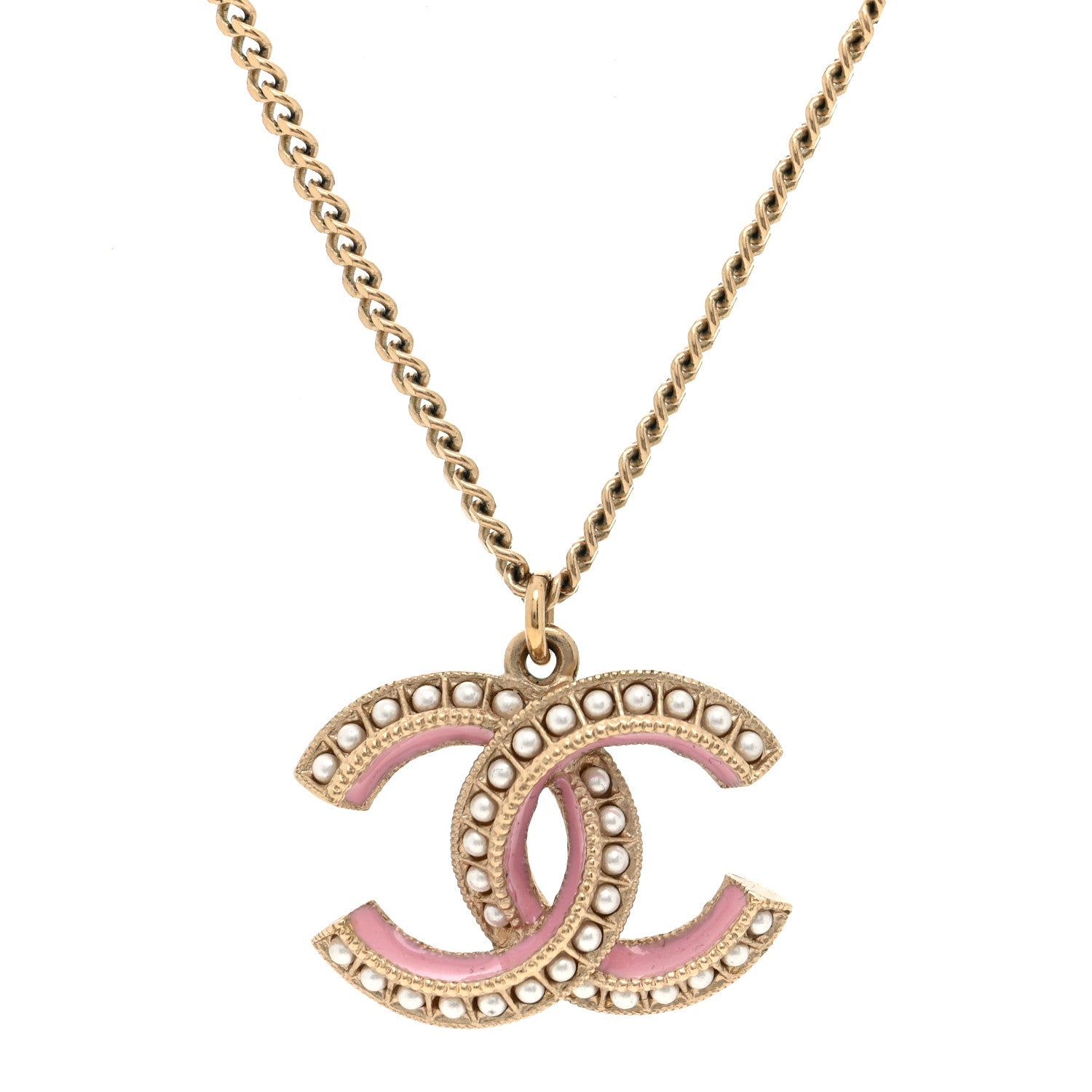 Chanel Metal Enamel Pearl CC Chain Necklace Pendant Gold Pink