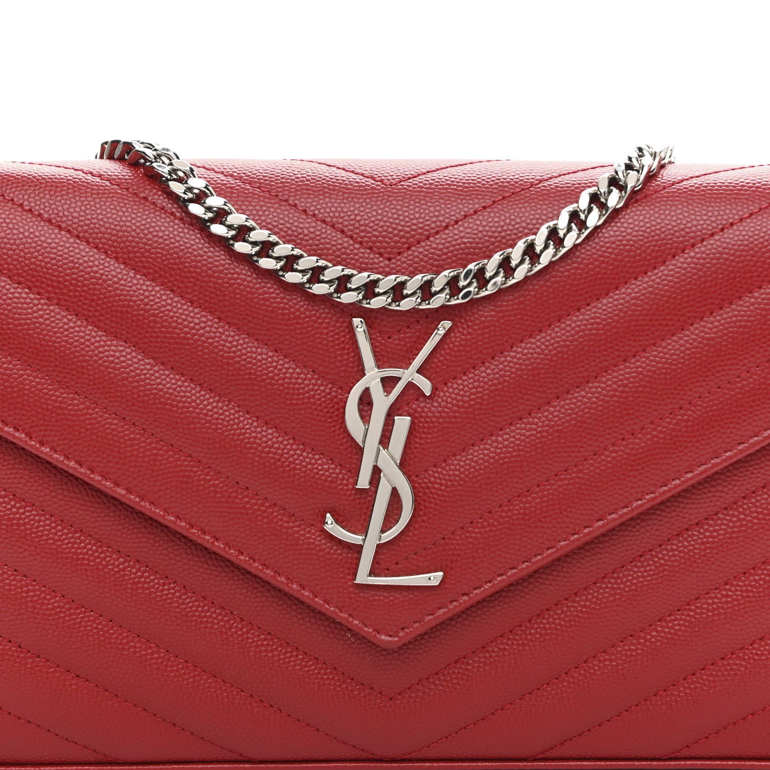 Saint Laurent Grain De Poudre Matelasse Chevron Monogram Chain Wallet Red 7 of 9