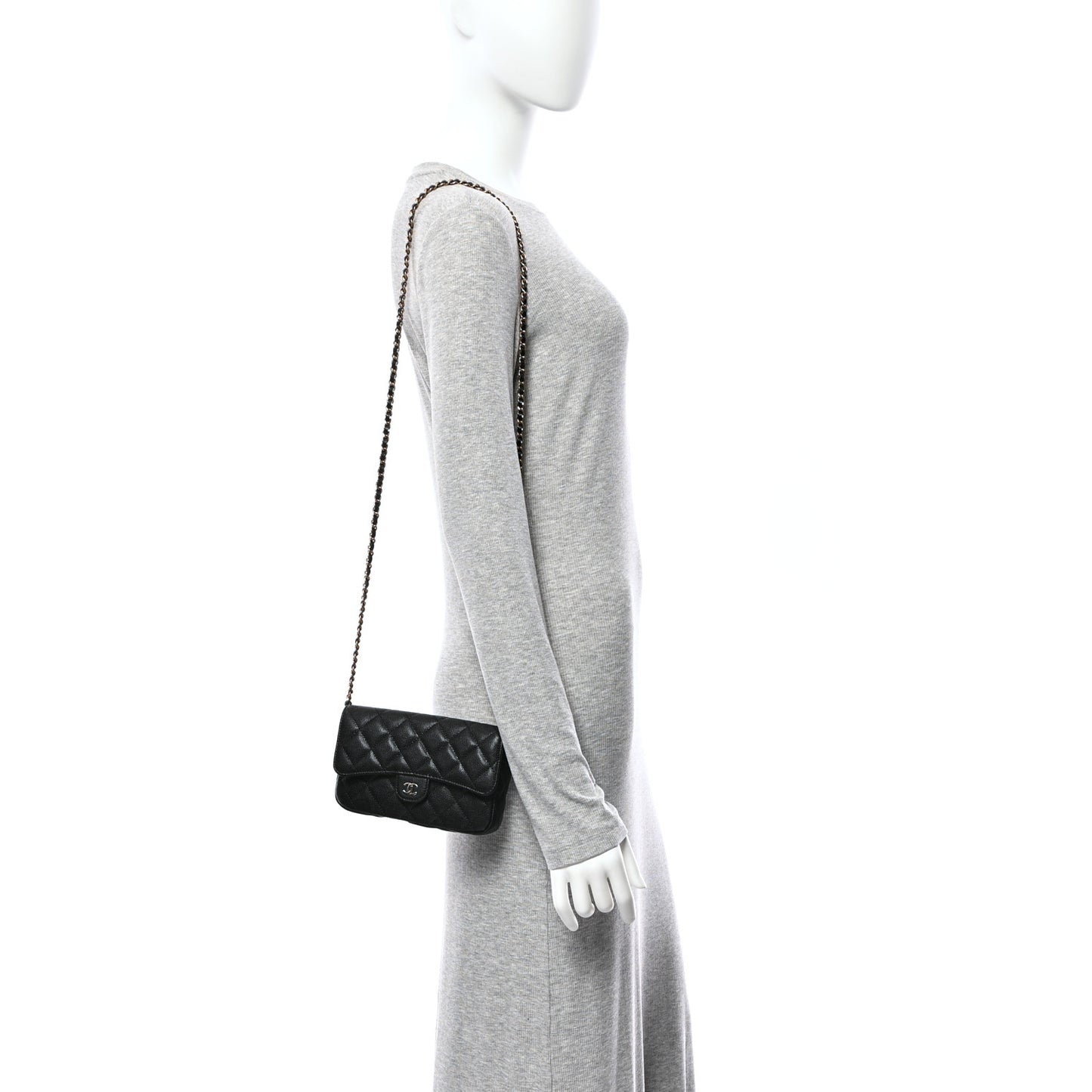Caviar Quilted Flap Phone Holder With Chain Black