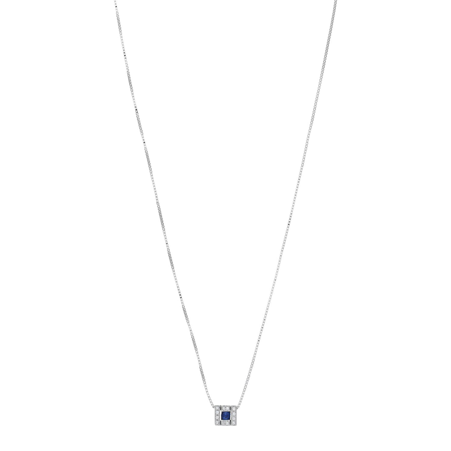 18K White Gold Diamond Blue Sapphire Square Pendant Necklace