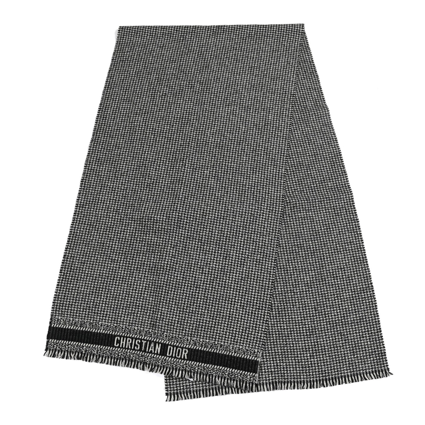 Wool Alpaca Houndstooth Fringe Scarf Black