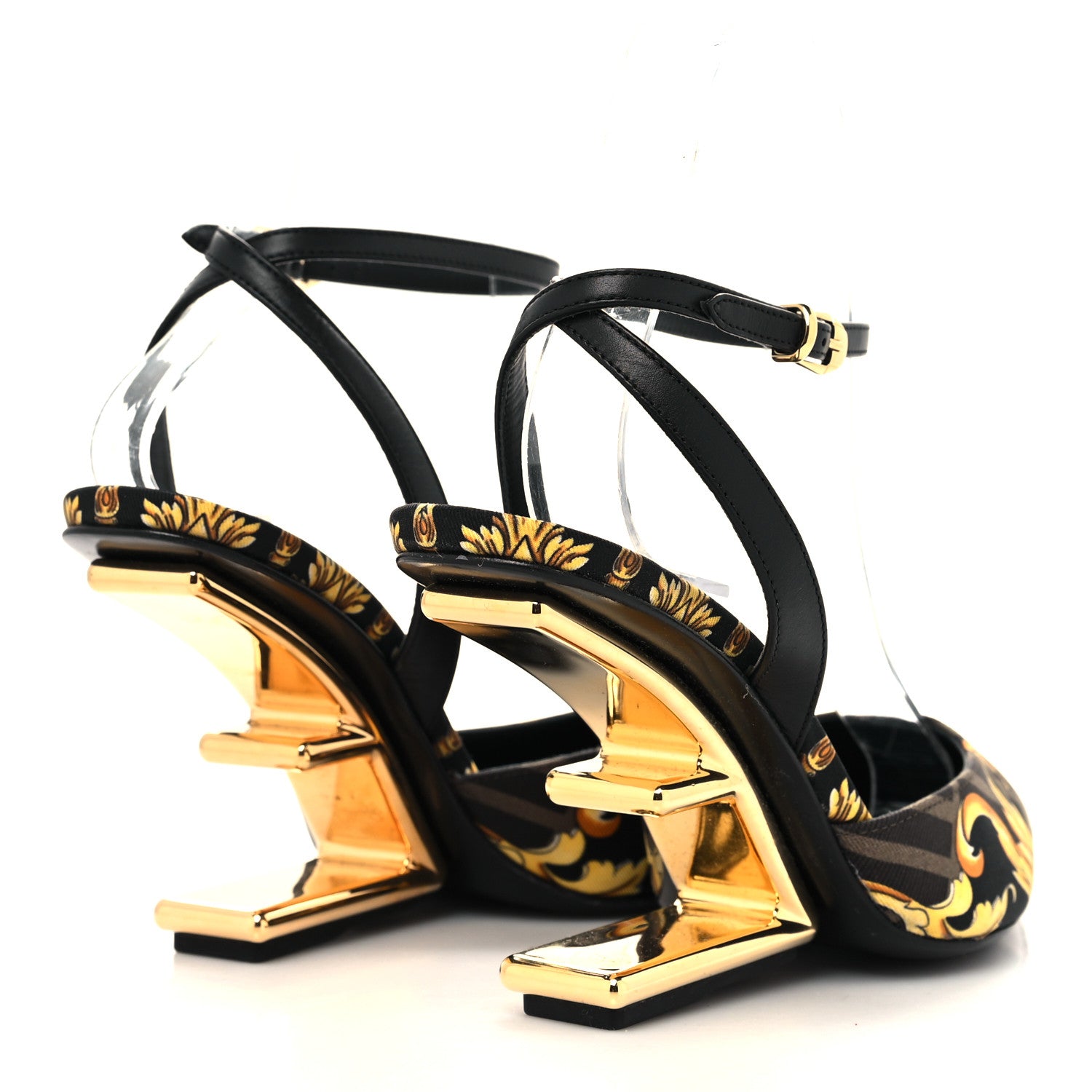 Fendi X VERSACE Silk Calfskin Fendace Fendi First 95mm Slingback Sandals 35 Tobacco Black Gold 4 of 7