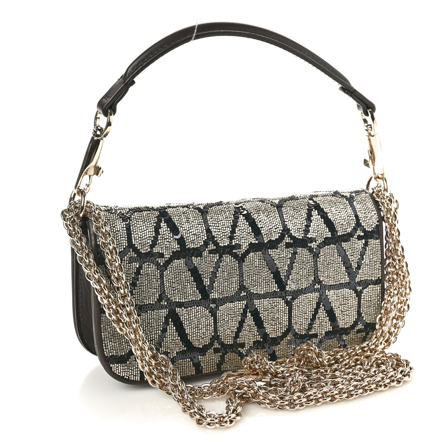 Sequins Toile Iconographe Calfskin Beaded Vlogo Small Loco Shoulder Bag Argento Black Fondant