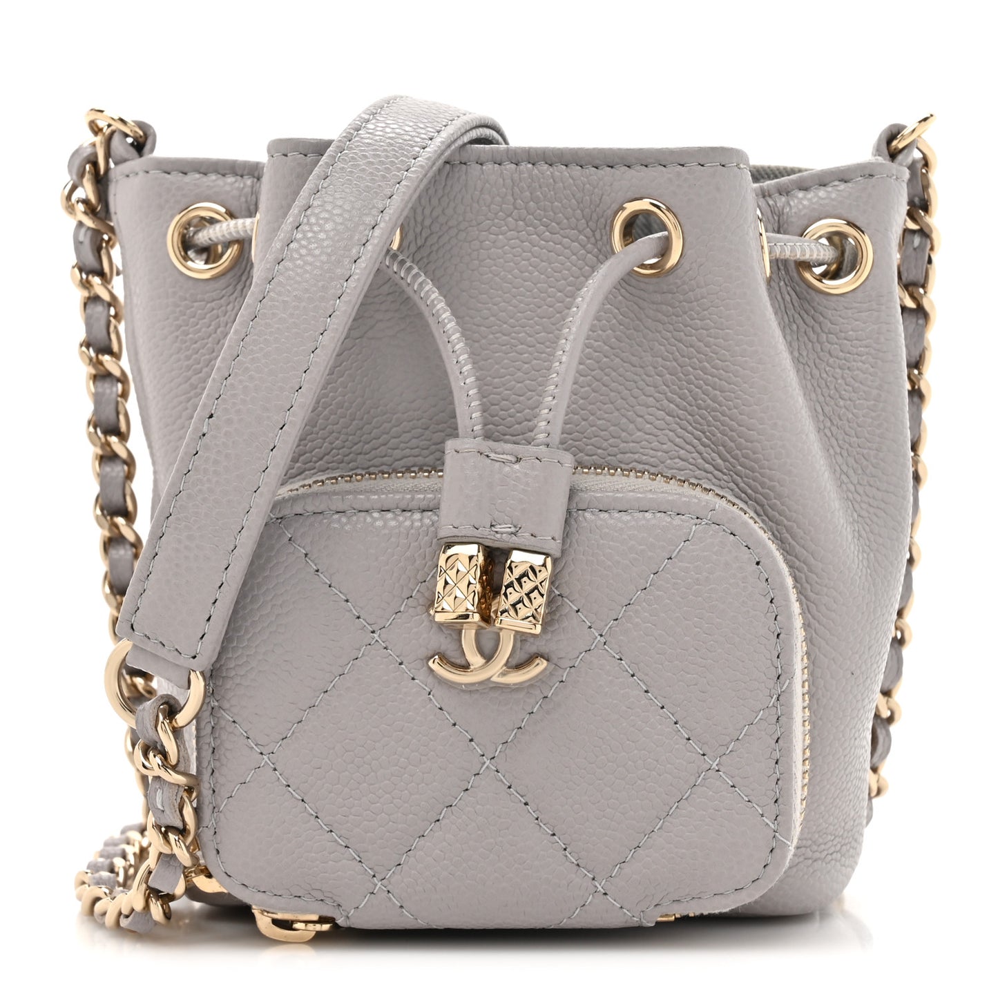Caviar Quilted Mini CC Pocket Bucket Bag Grey