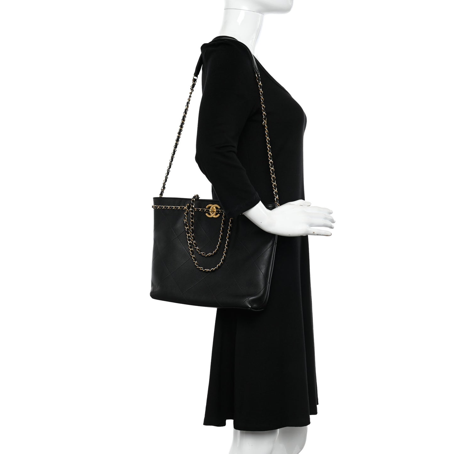 Calfskin Stitched Small Shopping Tote Black