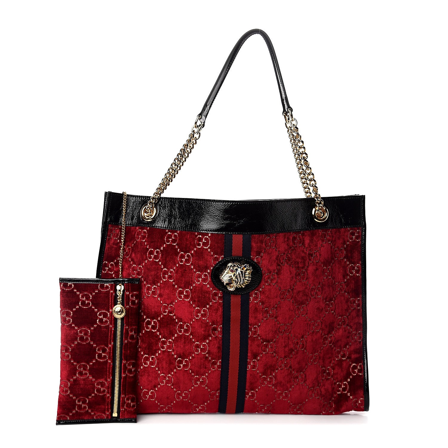 Gucci Velvet GG Monogram Large Rajah Chain Tote Red Cipria Black