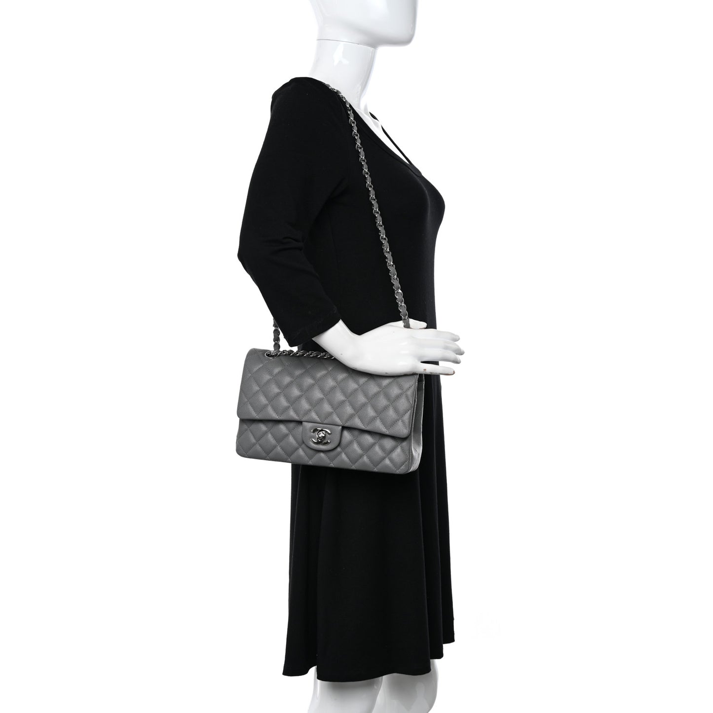 Caviar Quilted Medium Double Flap Grey