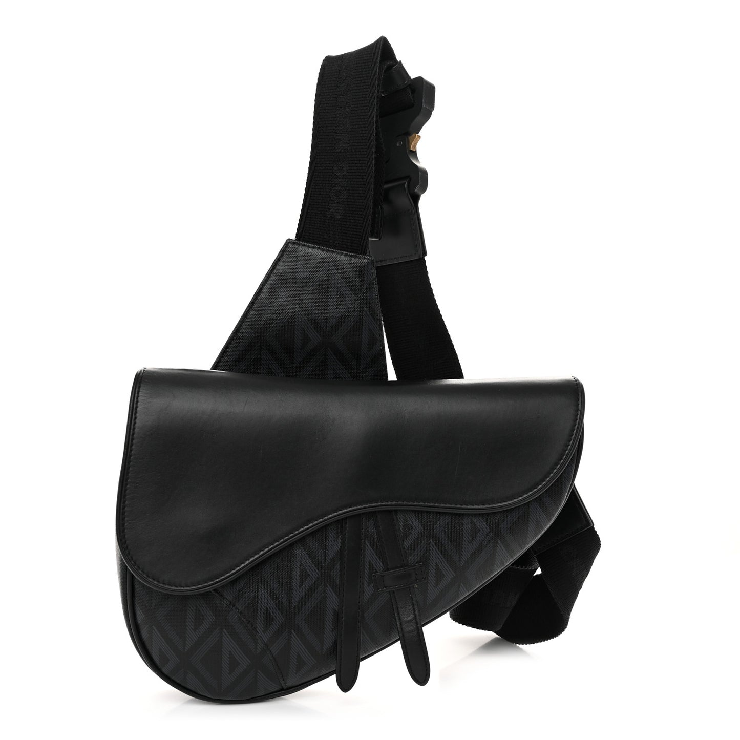 Smooth Calfskin Canvas CD Diamond Mens Saddle Bag Black