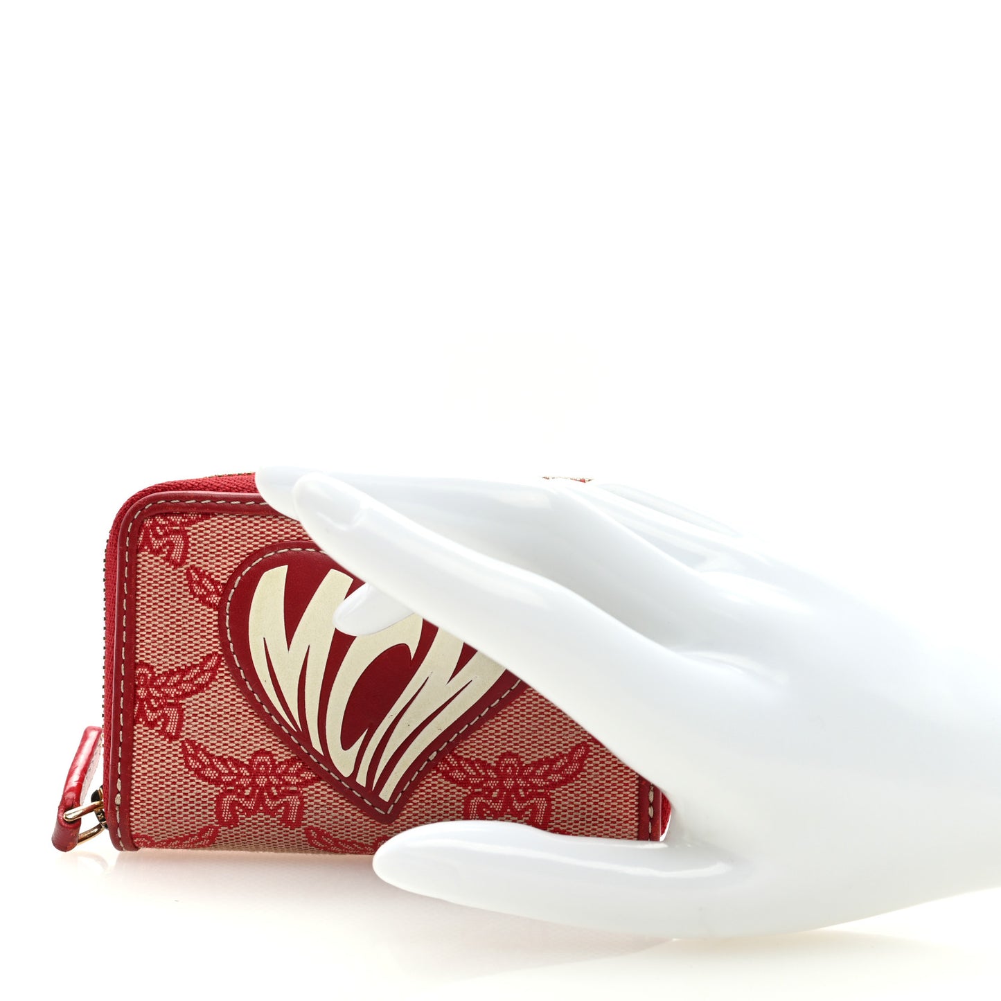Lauretos Jacquard Monogram Mini Heart Zip Around Wallet Red White