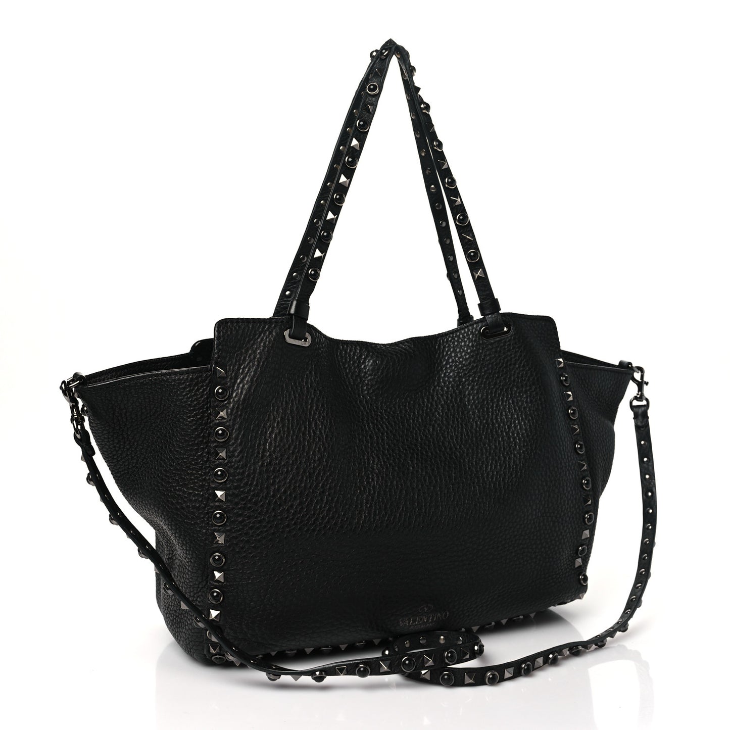Grained Calfskin Onyx Medium Rockstud Rolling Tote Black