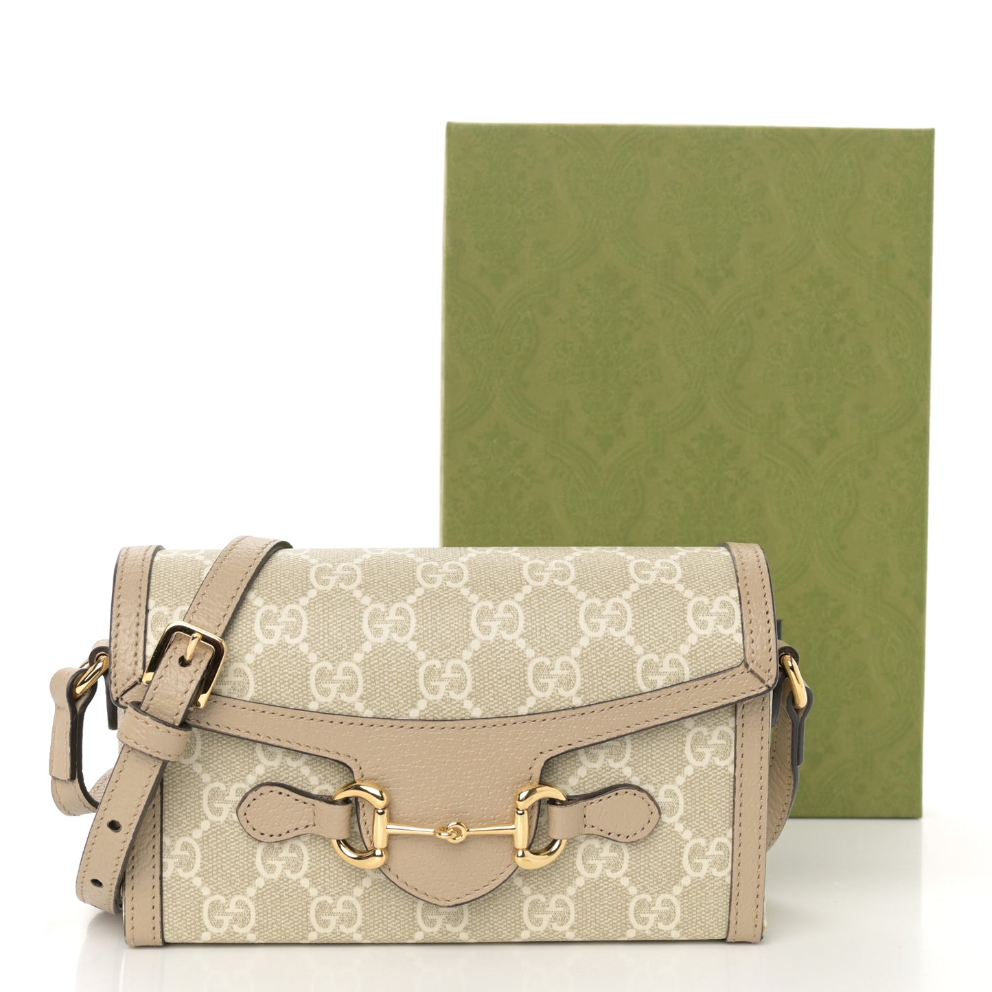 GG Supreme Monogram Textured Dollar Calfskin Mini Horsebit 1955 Shoulder Bag Beige Mystic White Oatmeal