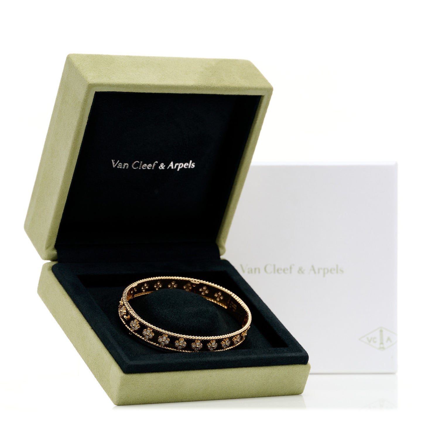 18K Yellow Gold Diamond Perlee Clovers Bangle Bracelet XL