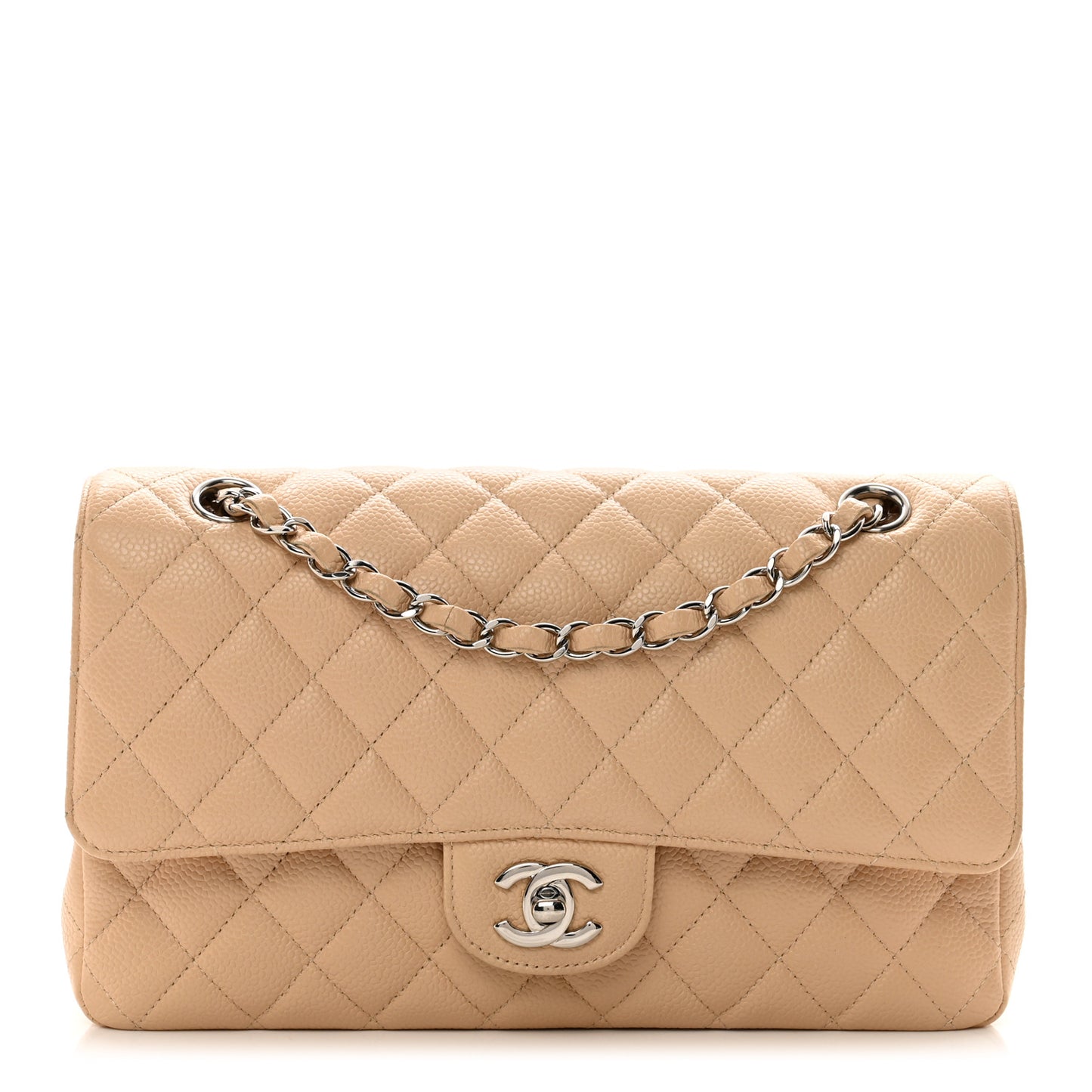 Caviar Quilted Medium Double Flap Beige