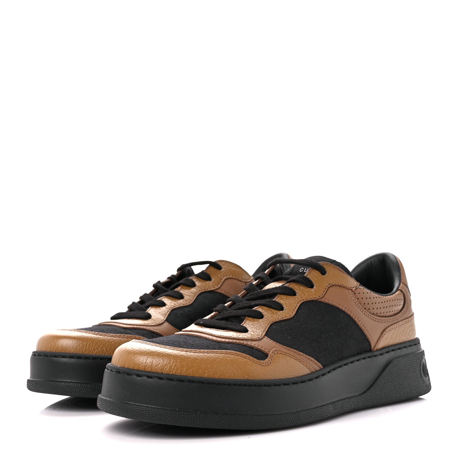 Gucci Textured Dollar Calfskin Monogram Perforated Mens Interlocking G 55mm Sneakers 8.5 Khaki Beige Black 3 of 10
