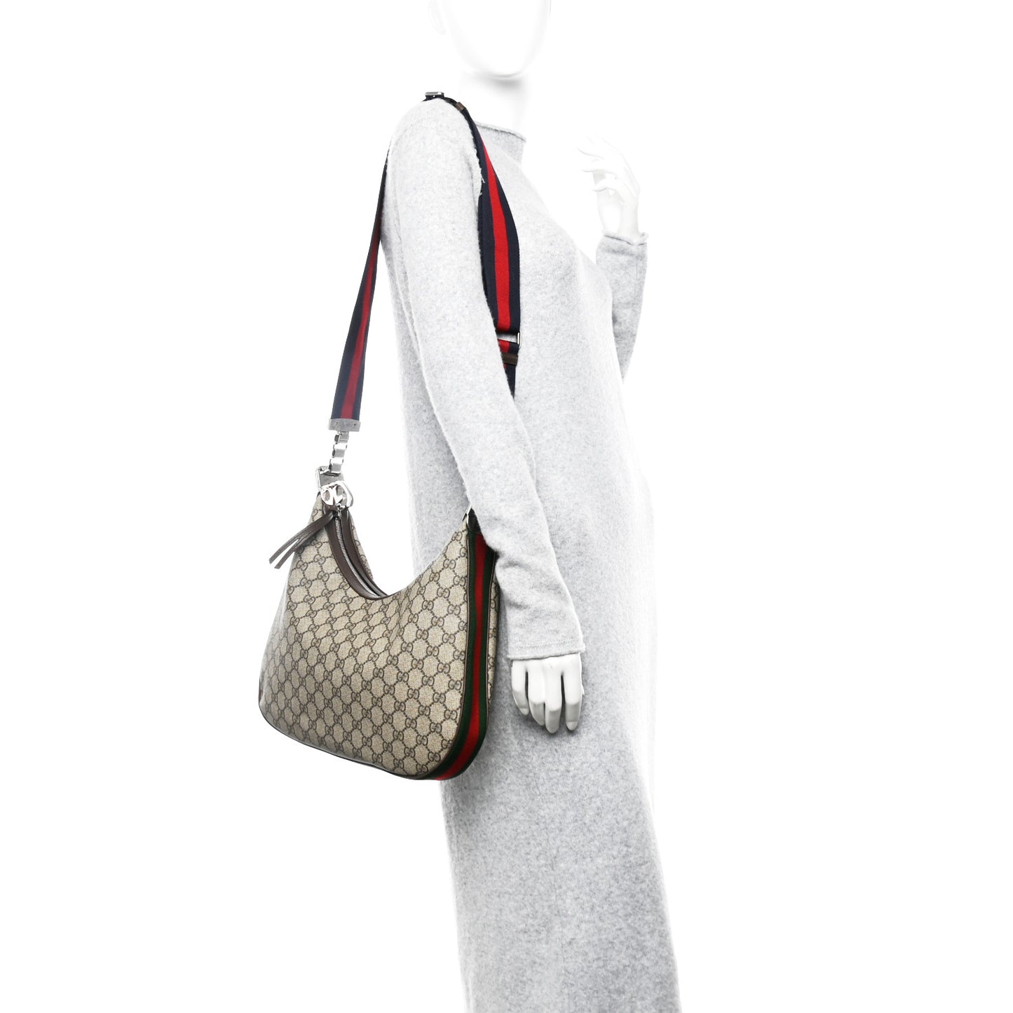 GG Supreme Monogram Textured Calfskin Web Large Attache Shoulder Bag Beige Blue