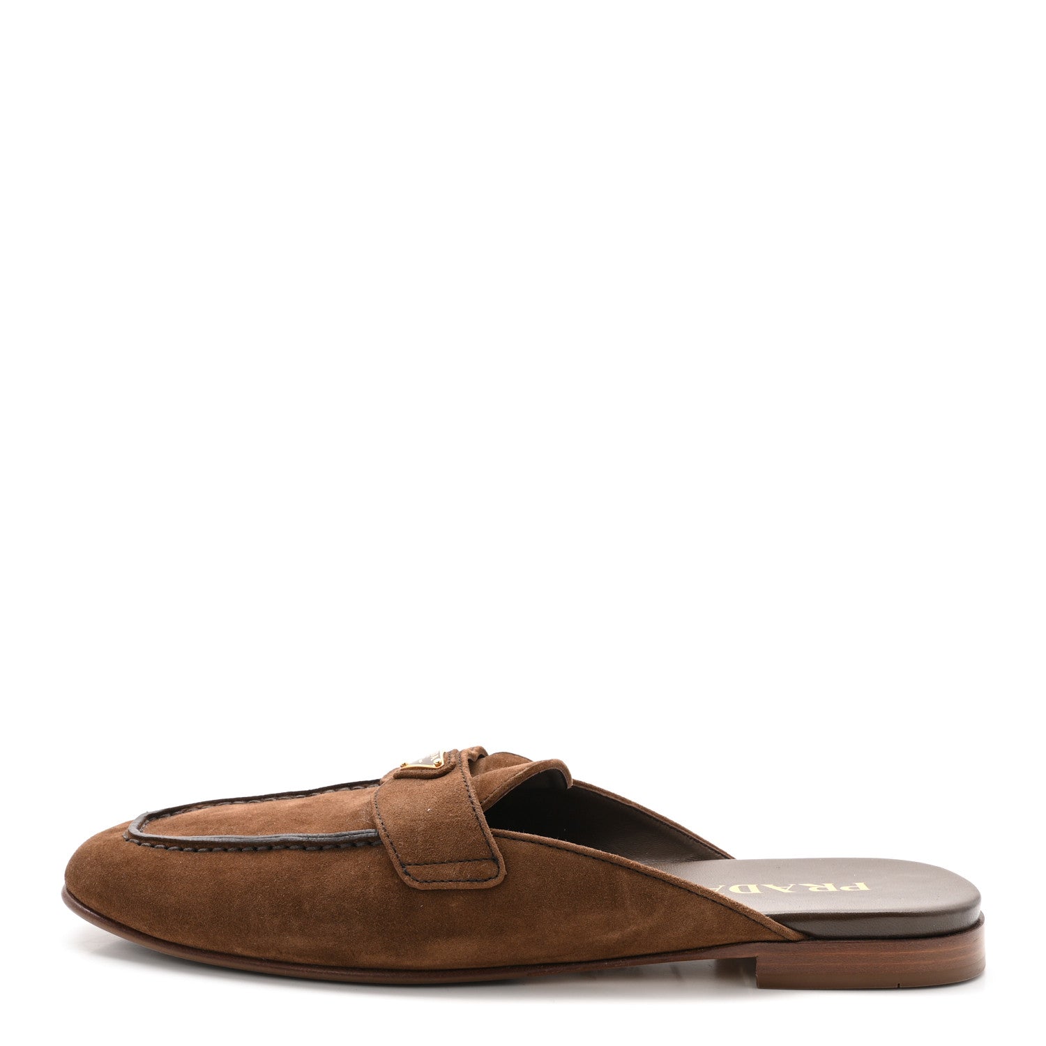 Prada Suede Metal Triangle Logo 10mm Loafer Mules 40 Cannella