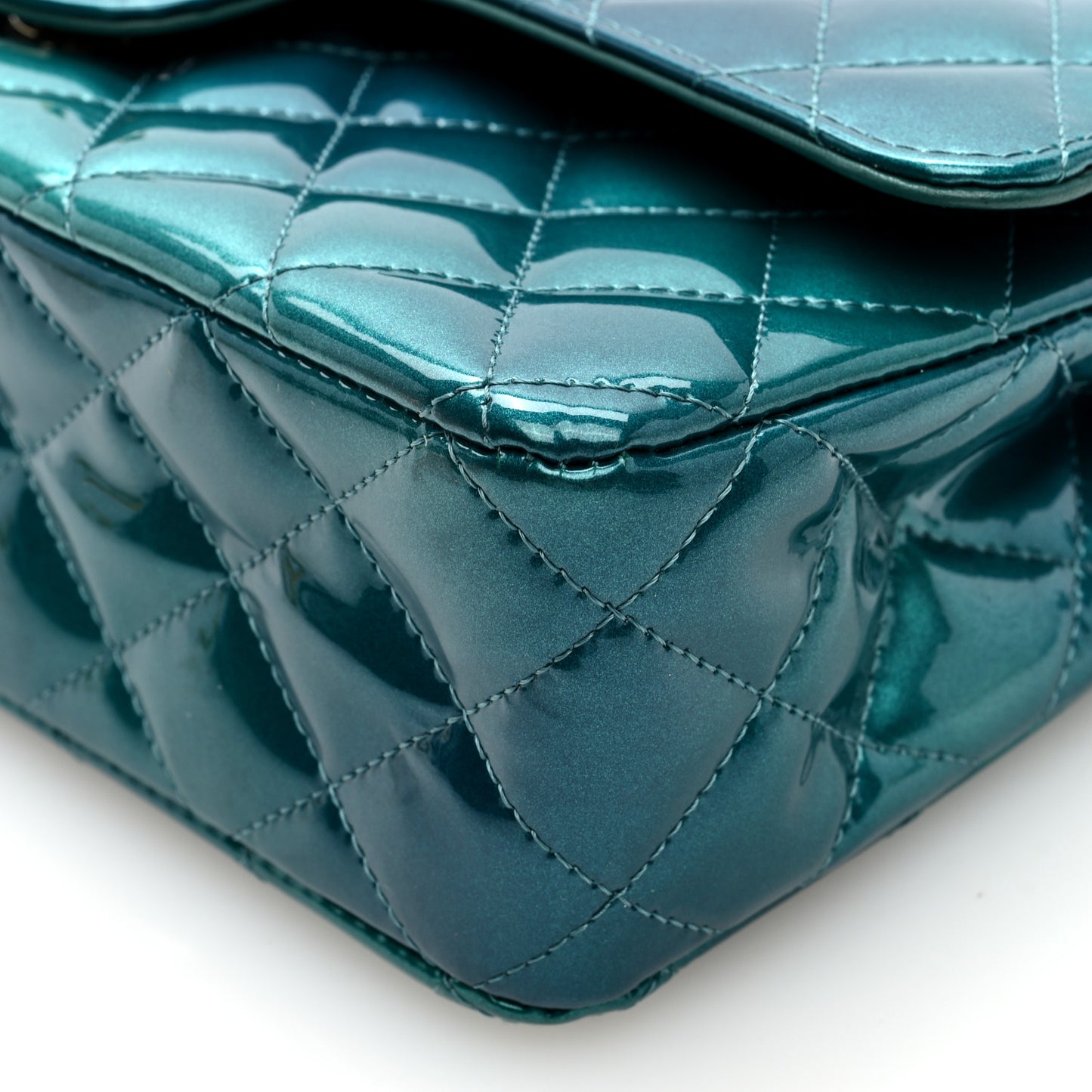 Shaded Patent Calfskin Quilted Medium Double Flap Green Blue