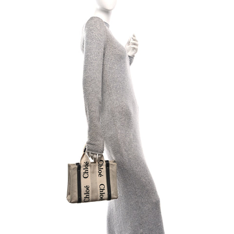 Linen Calfskin Small Woody Ribbon Tote With Strap White Navy