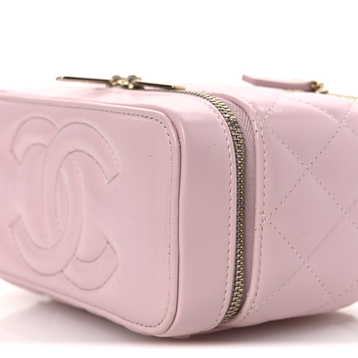 Shiny Lambskin Quilted Top Handle Vanity Case With Chain Pink