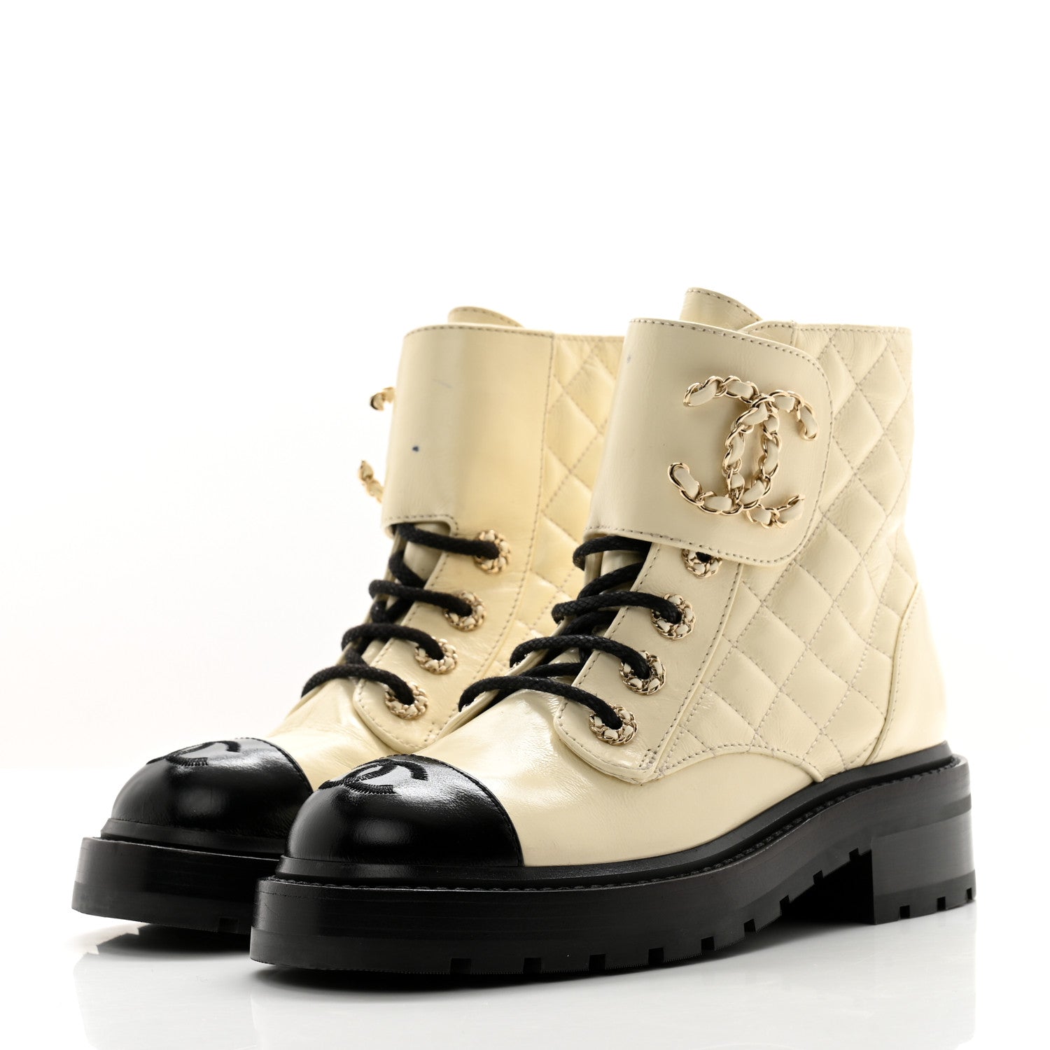 Chanel Shiny Calfskin Quilted Lace Up Combat Boots 35 Ivory Black 3 of 12