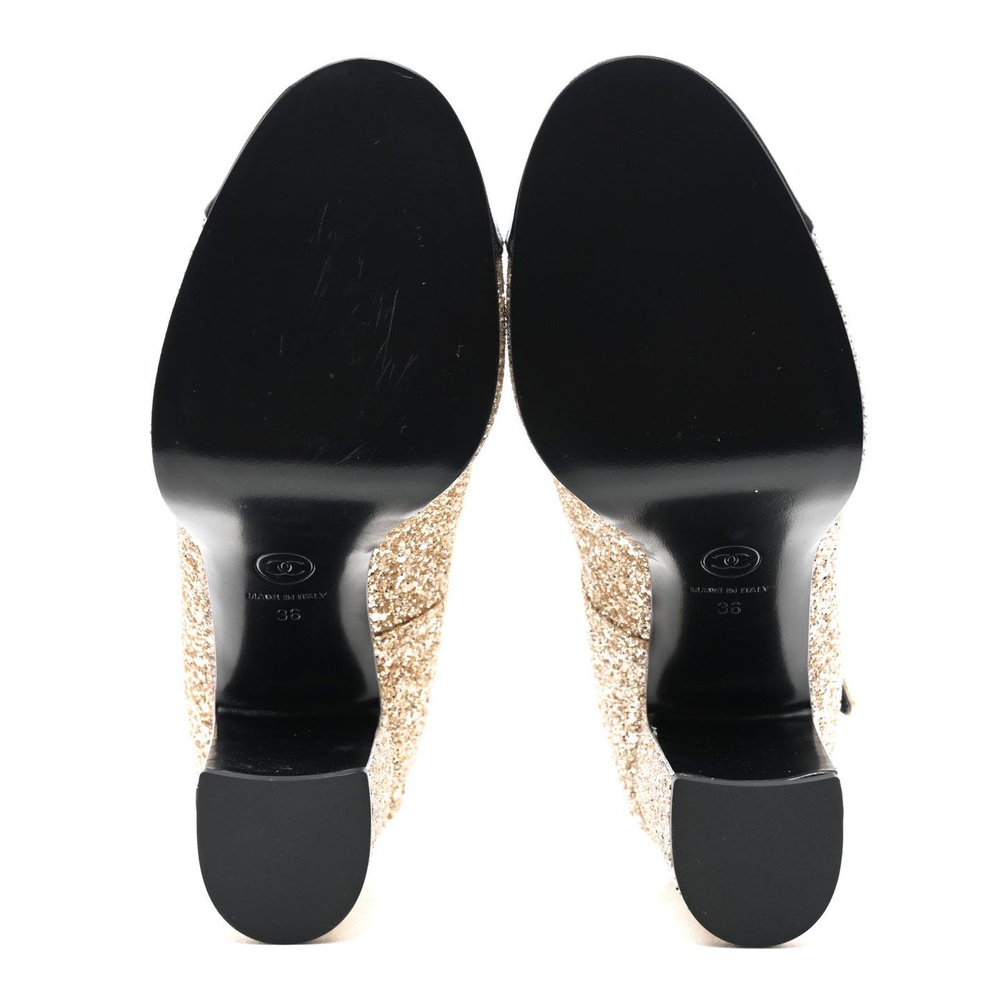 Glitter Lambskin Cap Toe CC Mary Jane Pumps 36 Light Gold Black