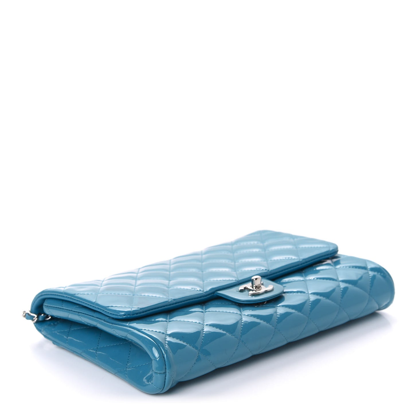 Patent Quilted Clutch with Chain Flap Blue