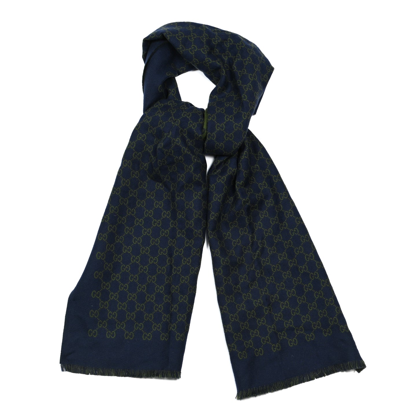 Wool Jacquard Monogram Fringe Scarf Navy Green