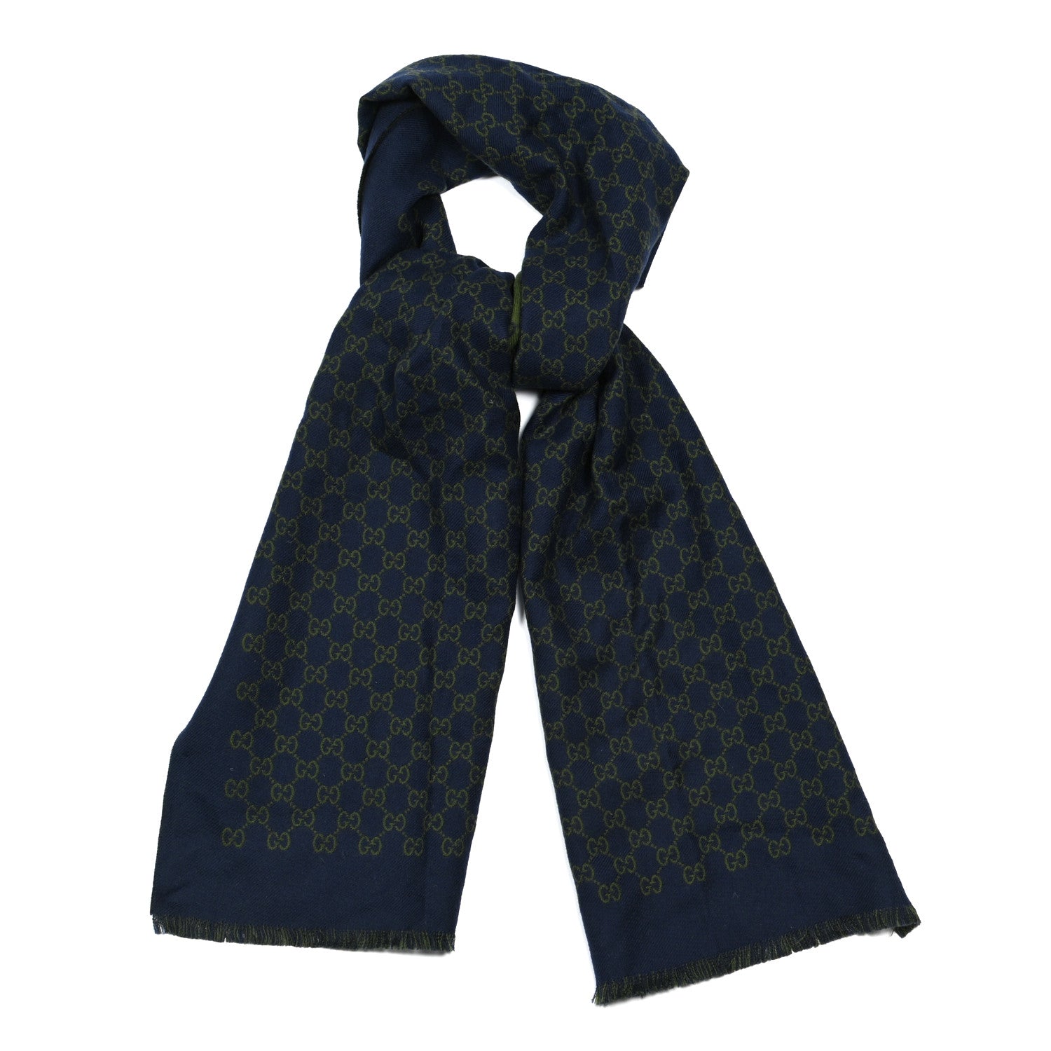Gucci Wool Jacquard Monogram Fringe Scarf Navy Green 1 of 4