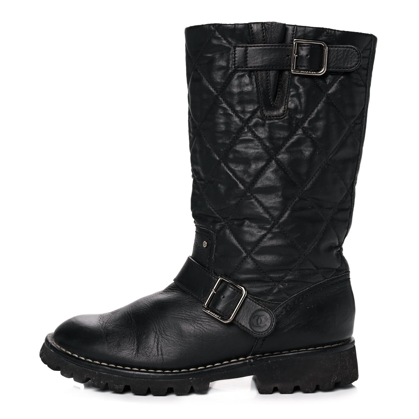 Calfskin Quilted Buckle Biker Boots 37 Black