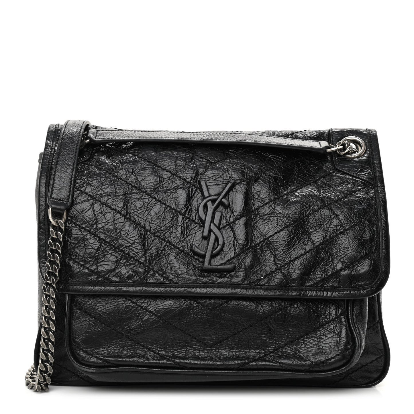 Crinkled Calfskin Matelasse Monogram Medium Niki Chain Satchel Black