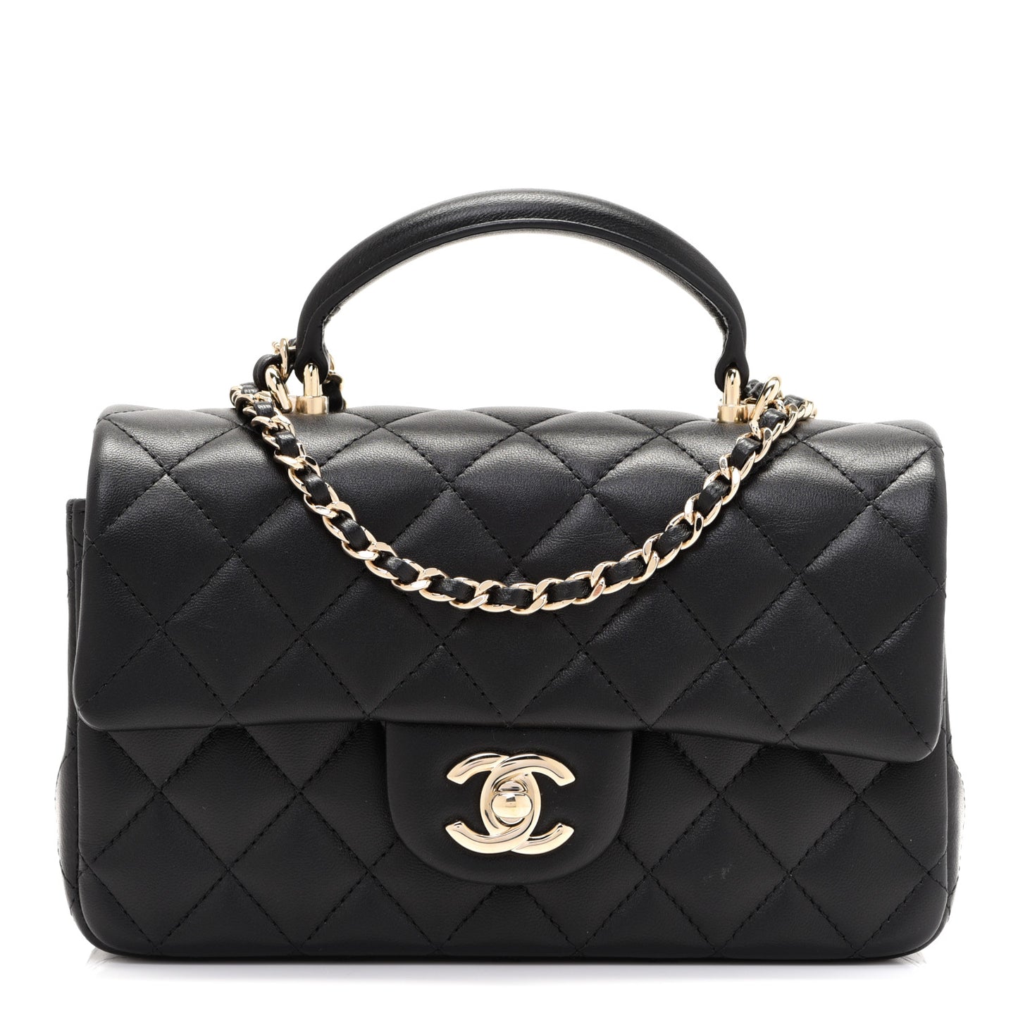 Lambskin Quilted Mini Top Handle Rectangular Flap Black