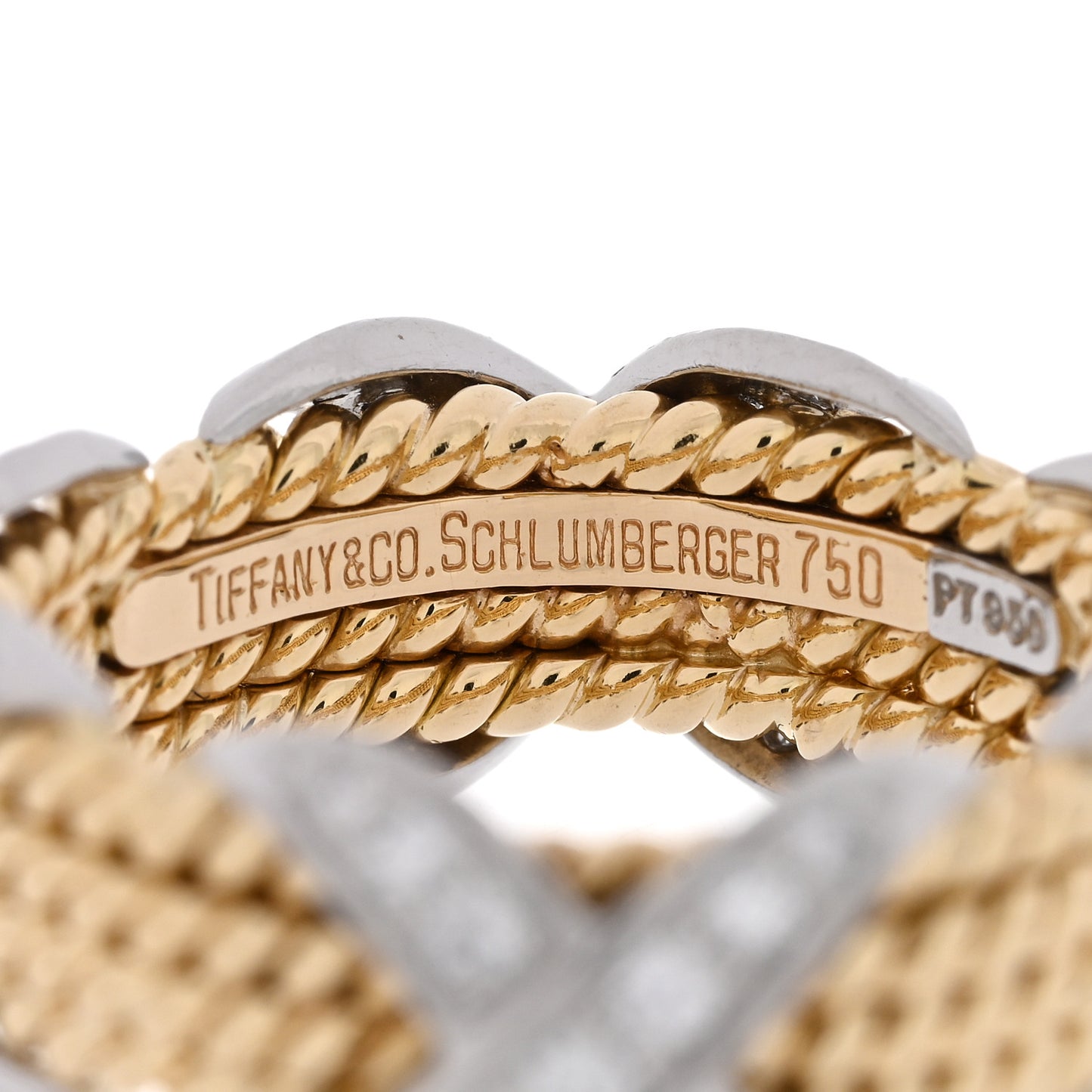 18K Yellow Gold Platinum Diamond Schlumberger Rope Four Row X Ring 50 5.25